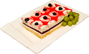 AMBROZJA - Jasny biszkopt z kremem o smaku śmietankowo-waniliowym z galaretką udekorowane wiśniami.