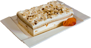 BIAŁA DAMA - Jasny biszkopt z kremem śmietankowym i kawałkami mandarynek.