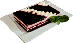 FANTAZJA - Jasny i ciemny biszkopt przełożony kremem śmietankowym z galaretką z wiśniami.