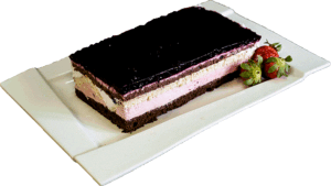 JOGURTOWA-TRUSKAWKA - Ciemny i jasny biszkopt przełożony warstwą masy truskawkowej i śmietankowej przykryte galaretką