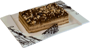 KARMELEK - Biszkopt toffi przełożony kremem śmietankowo-karmelowym udekorowany masą toffi.