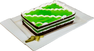 KIWI - Ciemny biszkopt z warstwą bitej śmietany z kawałkami zielonej galaretki udekorowany owocami kiwi.