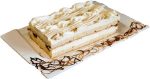 LENIUSZEK - Jasny biszkopt przełożony bitą śmietaną i karmelem.
