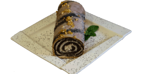 MAKOWIEC - Zrolowane ciasto drożdżowe z makiem i bakaliami z wierzchu oblane pomadą i obsypane skórką pomarańczową.