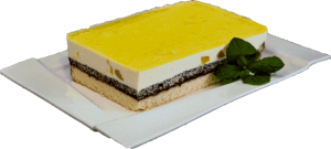 MELBA BRZOSKWINIOWA - Jasny biszkopt z makiem przełożony powidłami oraz masą śmietankowo waniliową z kawałkami brzoskwiń przykryty galaretką brzoskwiniową.