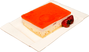 MELBA TRUSKAWKOWA - Jasny biszkopt z masą waniliową z kawałkami brzoskwiń oraz masą truskawkową przykryty galaretką truskawkową.