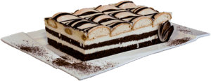 MILKY - Ciemny biszkopt z masą śmietankowo-serową przykryty biszkopcikami na wierzchu oblanymi lukrem.