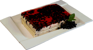 OWOCOWY PUSZEK – jasny biszkopt przełożony kremem śmietankowym i sezonowymi owocami przykryty galaretką