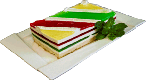 PIANKA SEROWA - Jasny biszkopt przełożony masą na bazie serka waniliowego z warstwami kolorowych galaretek.