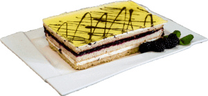 PORZECZKA - Spód miodowy przełożony kremem waniliowym z porzeczką i galaretką.