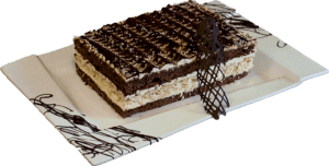 SEZAMOWE - Ciemny biszkopt i ciasto sezamowe przełożone kremem chałwowym.