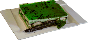 SHREK - Jasny biszkopt z nadzieniem śmietankowym, pastą kiwi i zieloną galaretką.