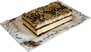 SIERŻANT - Jasny i ciemny biszkopt przełożony kremem ajerkoniakowym oblany czekoladą i obsypany orzechami.