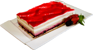 SORBET - Jasny biszkopt z warstwą powideł porzeczkowych, masą truskawkową, bitą śmietaną, kremem cytrynowym przykryty czerwoną galaretką.