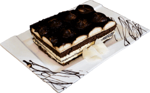 SZAMPAŃSKIE - Ciemny biszkopt i biszkopt z makiem przełożony kremem śmietankowo-cytrynowym z biszkoptami na wierzchu oblanymi czekoladą.