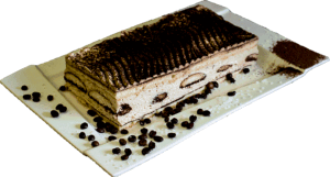 TIRAMISU - Ciemny biszkopt z kremem tiramisu posypany kawą.