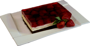 TRUSKAWKA - Ciemny i jasny biszkopt przełożony pianką cytrynową udekorowany truskawkami oblanymi galaretką.