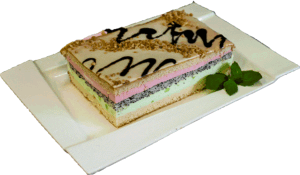 TULIPAN - Jasny biszkopt przełożony pianką agrestową, wkładem makowym oraz pianką truskawkową.